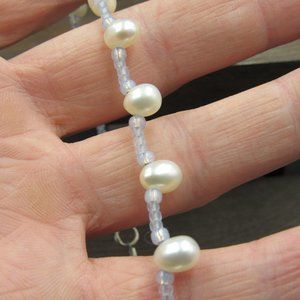 10" Sterling Silver Real Pearl & Blue Bead Ankle Bracelet Vintage
